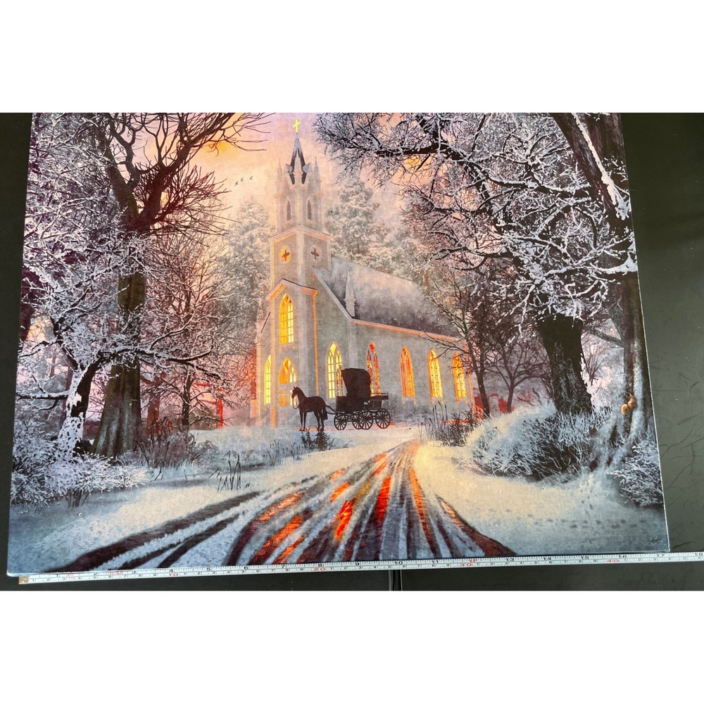 Lighted Winter Church Scene LED Canvas Wall Art Horse Carriage Holiday - Picture 5 of 15